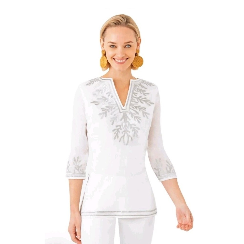 Gretchen Scott Cotton Embroidered Tunic The Reef White Coastal Shirt L Beachy